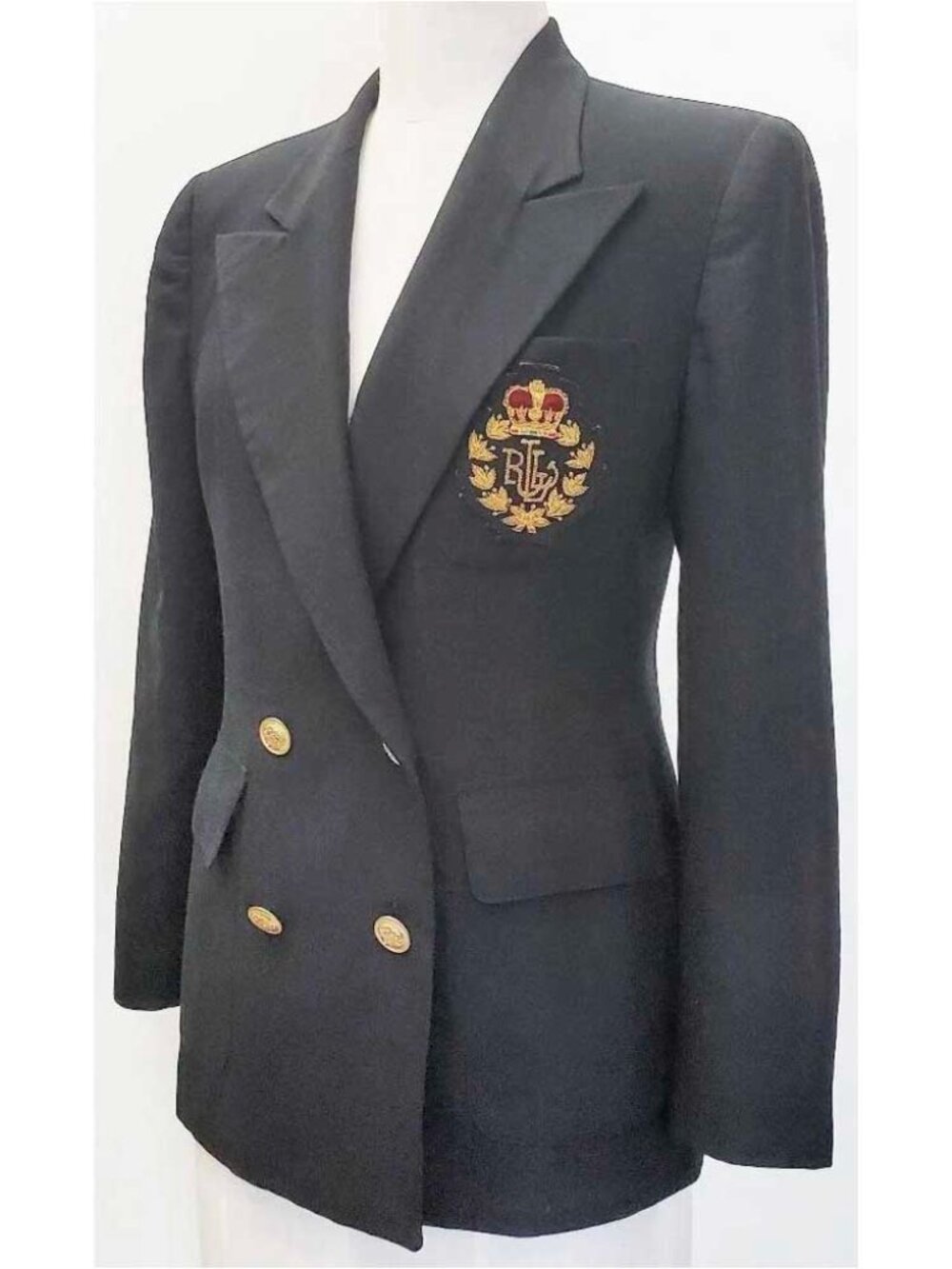Lauren Ralph Lauren Womens Black Wool Double Breasted Blazer Crested Royal Crown